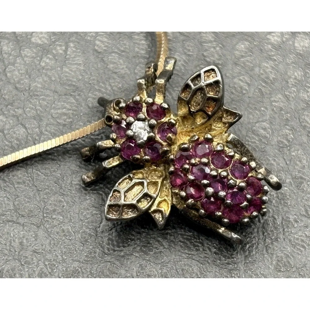 Vintage Insect Bee Ruby Sterling Silver  Pendant Brooch & Chain Necklace  17